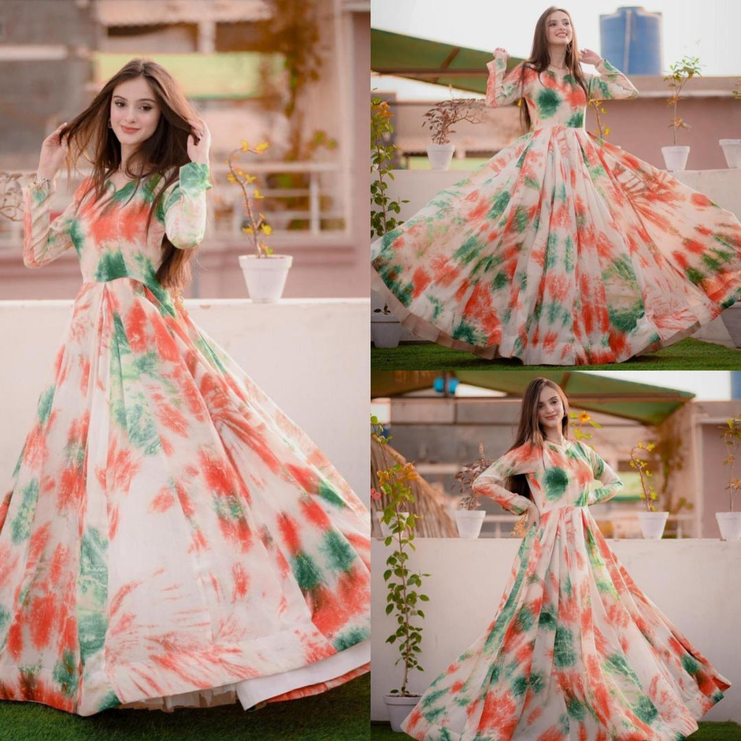 White tapeta silk multicolor printed gown