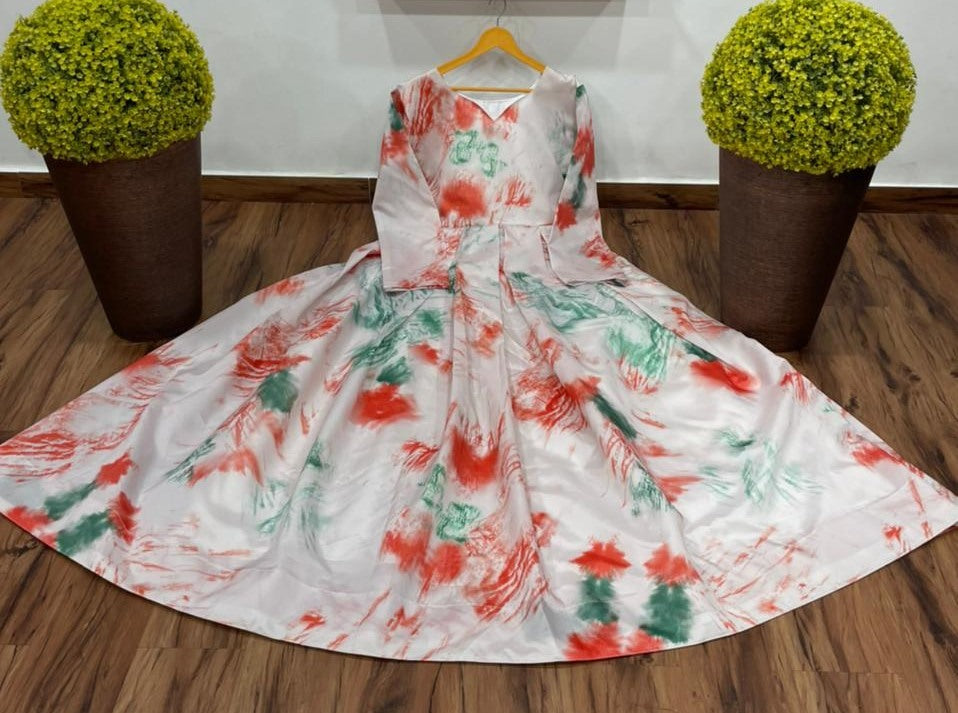 White tapeta silk multicolor printed gown