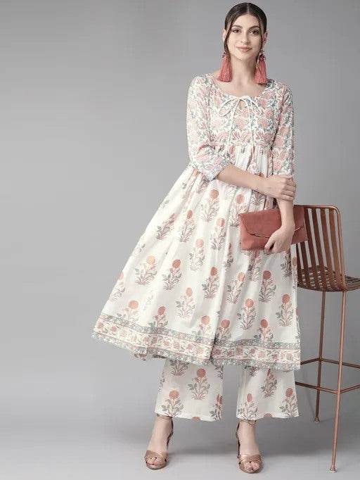 White viscose printed anarkali kurti