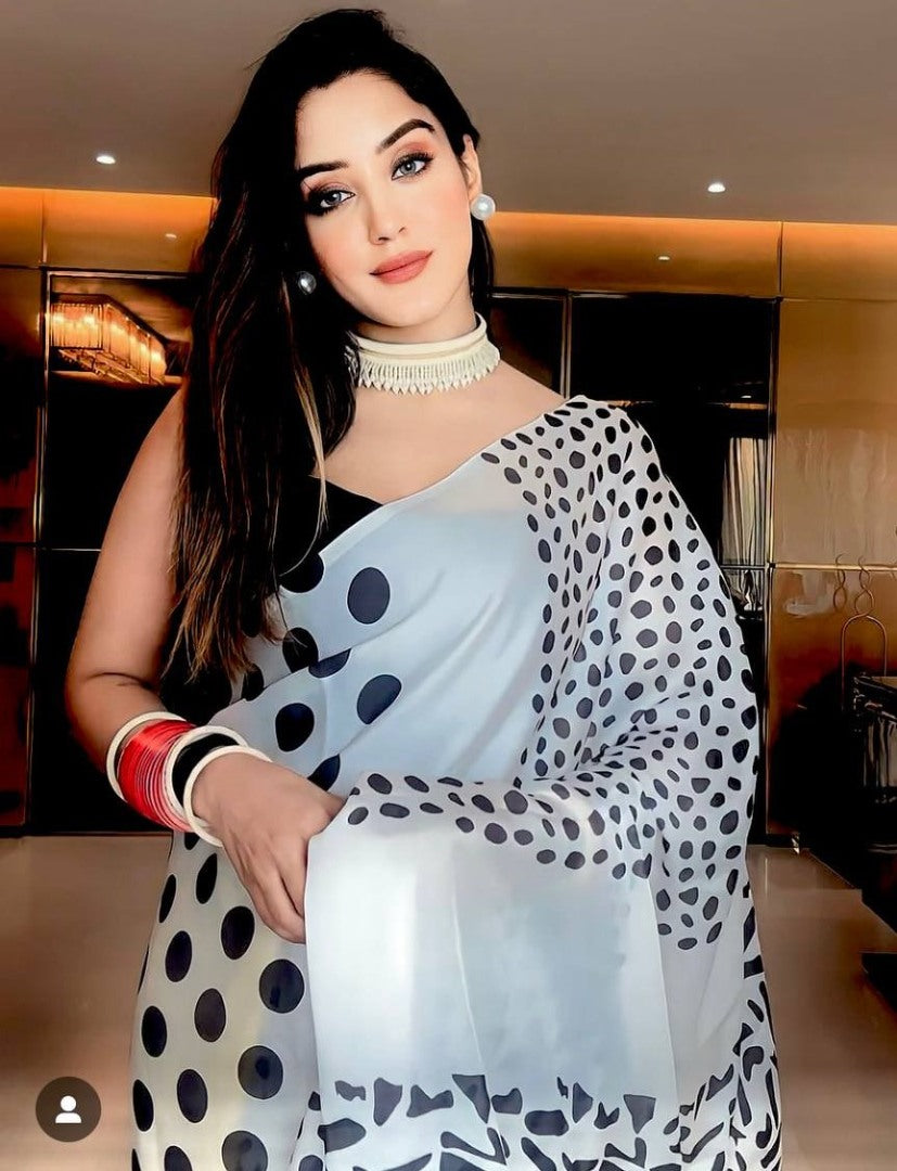 White yellow printed stylist designer satin saree