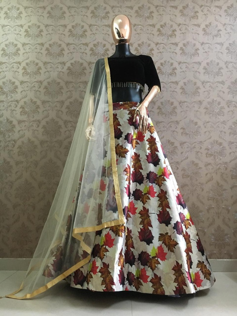 white zari satin multi color leaves printed lehenga choli