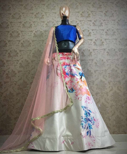 White zari satin multicolor printed lehenga choli