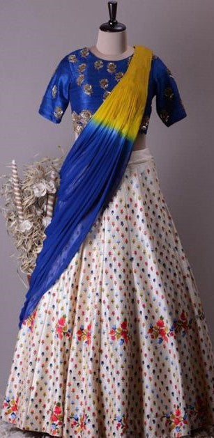 white zill mill silk multicolored threadwork ceremonial lehenga