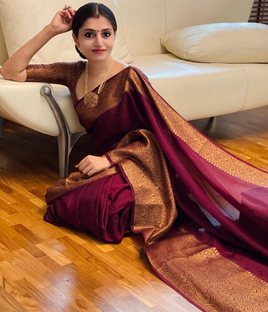 Wine banarasi kota silk jacquard weaving work wedding saree