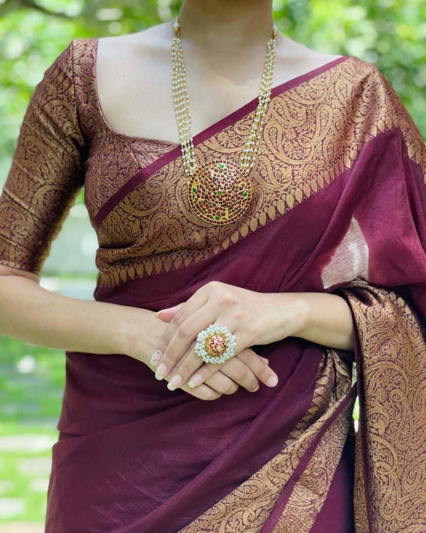 Wine banarasi kota silk jacquard weaving work wedding saree