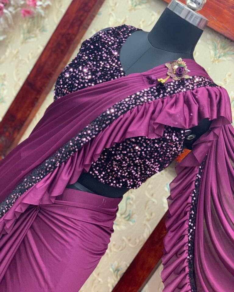 Wine imported fabric embroidered sequence work saree