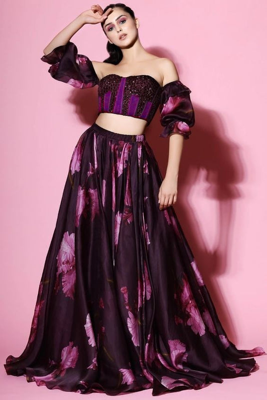 Wine italian silk digital printed crop top lehenga