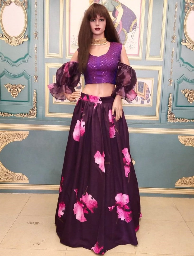 Wine italian silk digital printed crop top lehenga