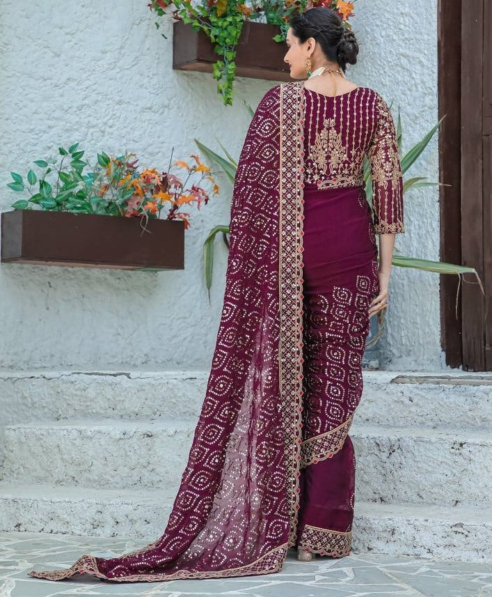 Wine kasturi silk heavy work wedding saree