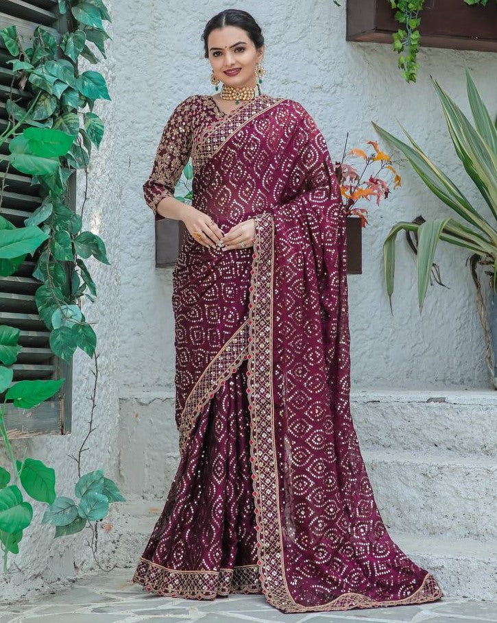Wine kasturi silk heavy work wedding saree