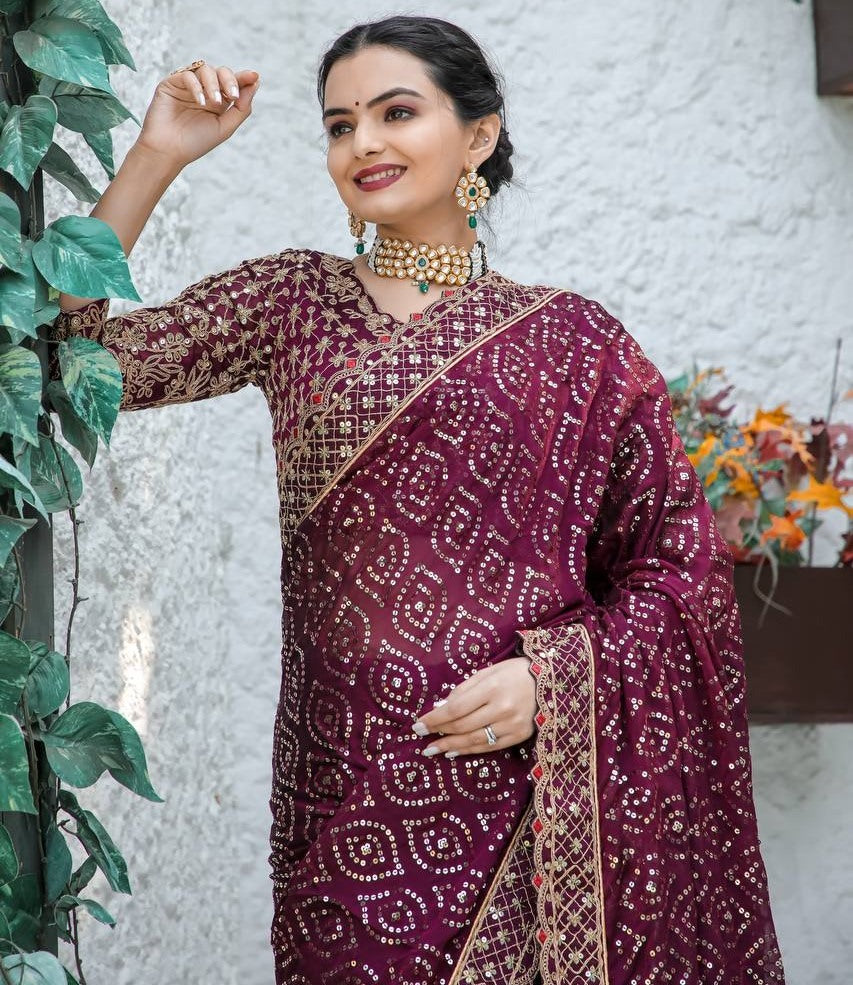 Wine kasturi silk heavy work wedding saree