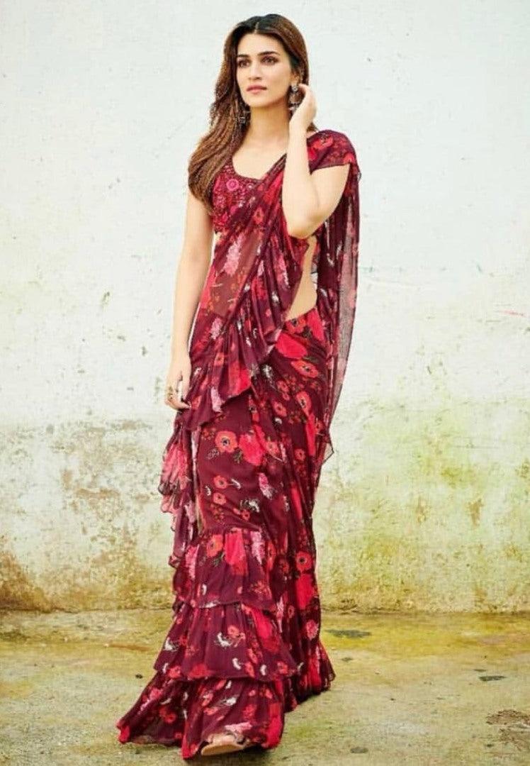 Wine maroon georgette floral printed ruffle saree