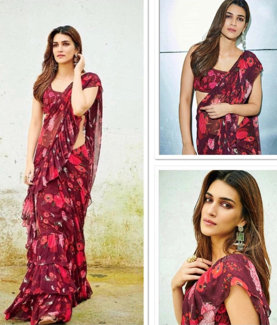Wine maroon georgette floral printed ruffle saree