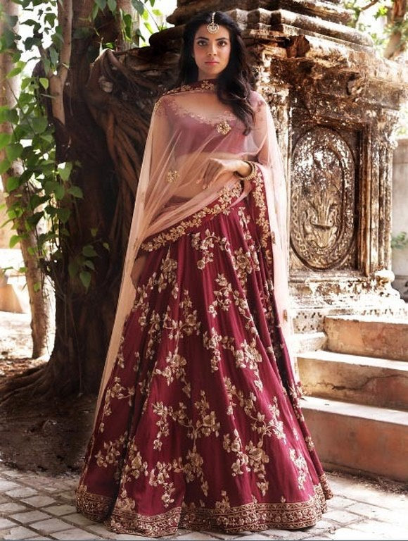 Wine maroon malai satin heavy emboirdered brial lehenga