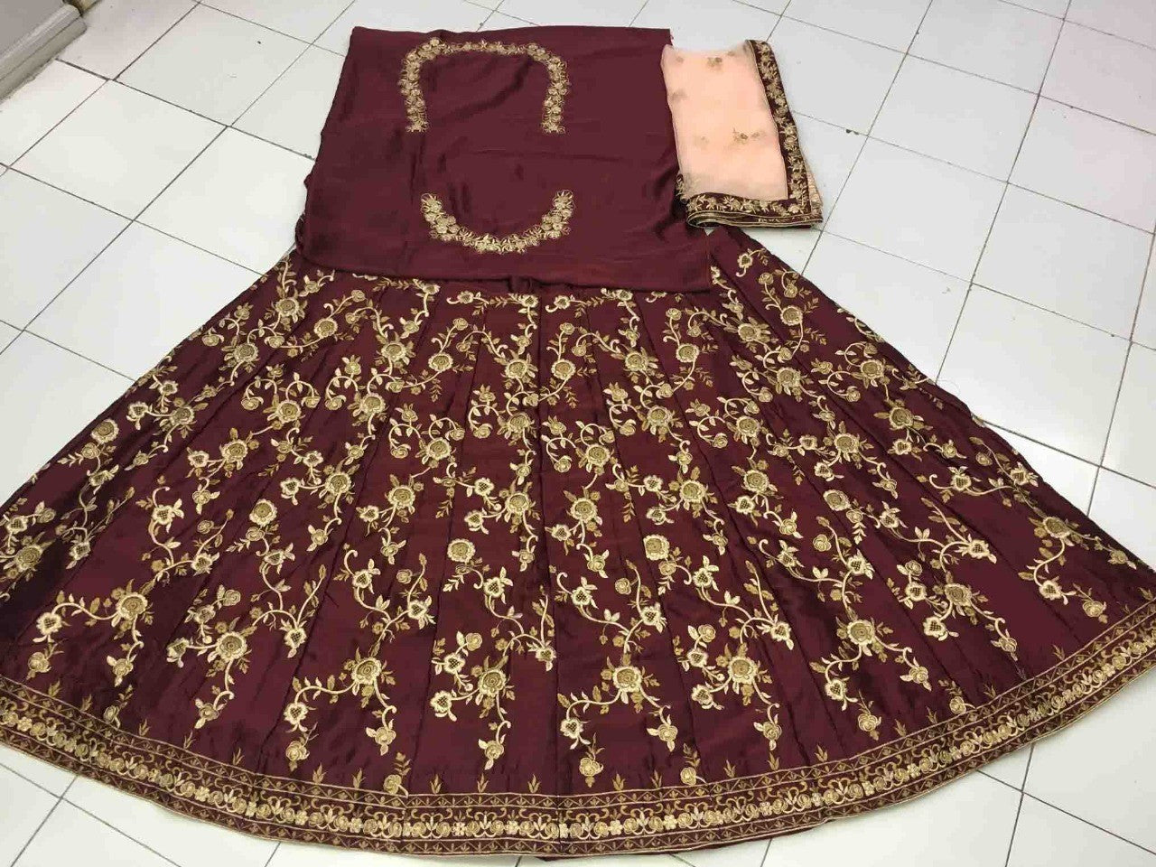 Wine maroon malai satin heavy emboirdered brial lehenga