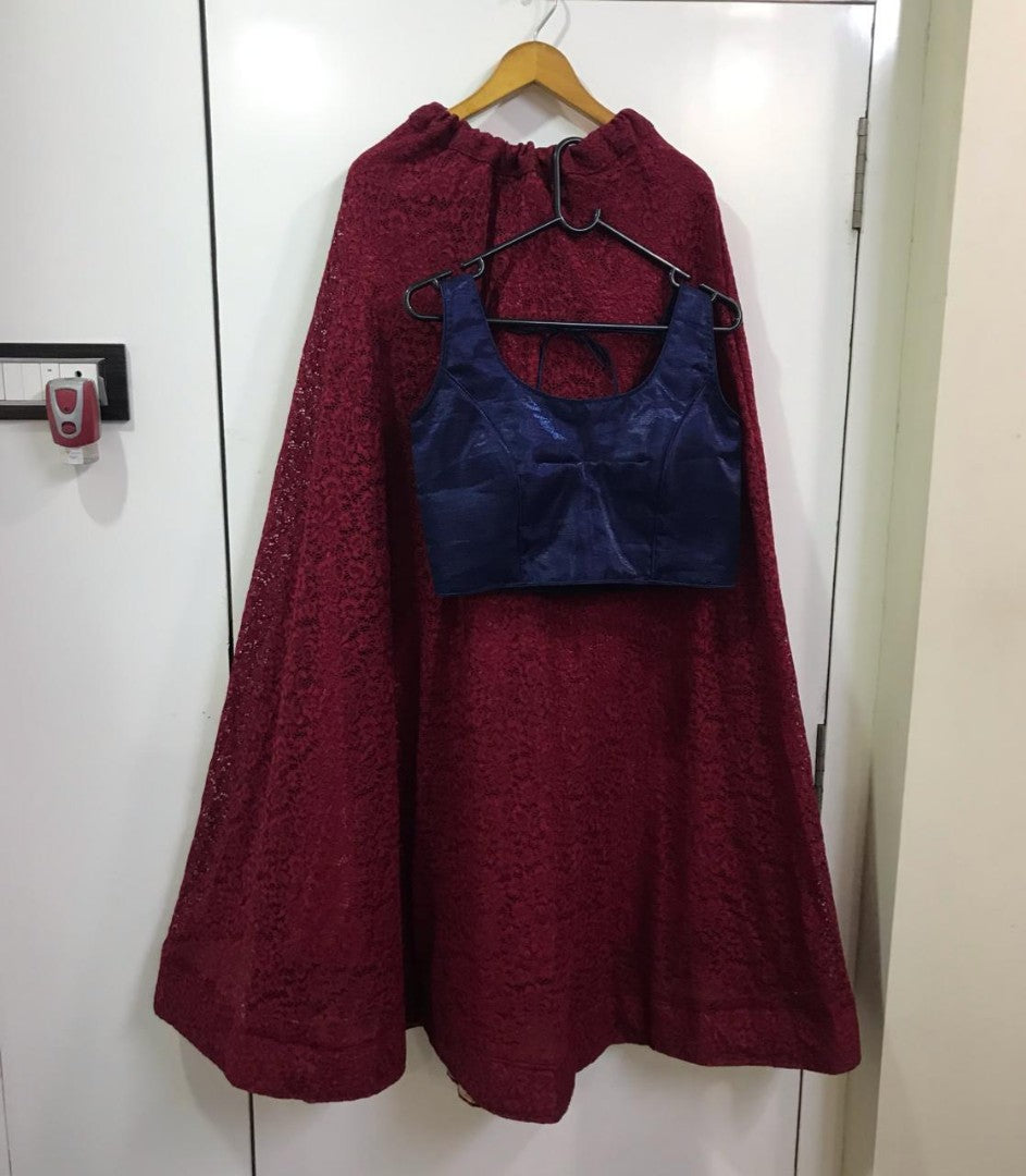 Wine maroon rassel net stylist partywear crop top lehenga