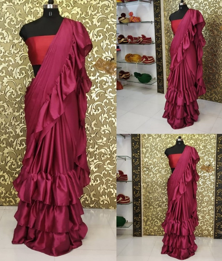 wine maroon satin partywear ruffle saree
