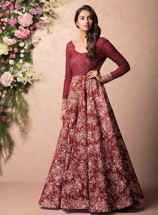 Wine maroon thai silk heavy embroidered ceremonial gown