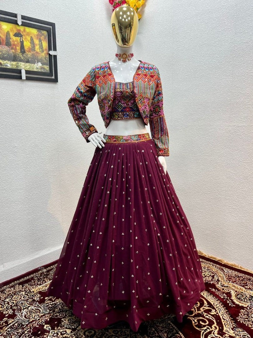 Wine multi color embroidery work lehenga choli with jacket