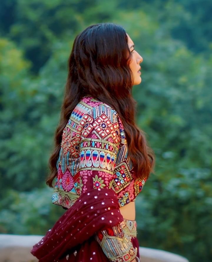 Wine multi color embroidery work lehenga choli with jacket