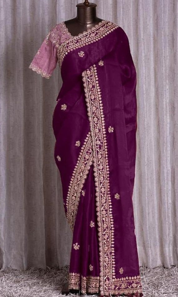 Wine organza cording sequence work designer saree