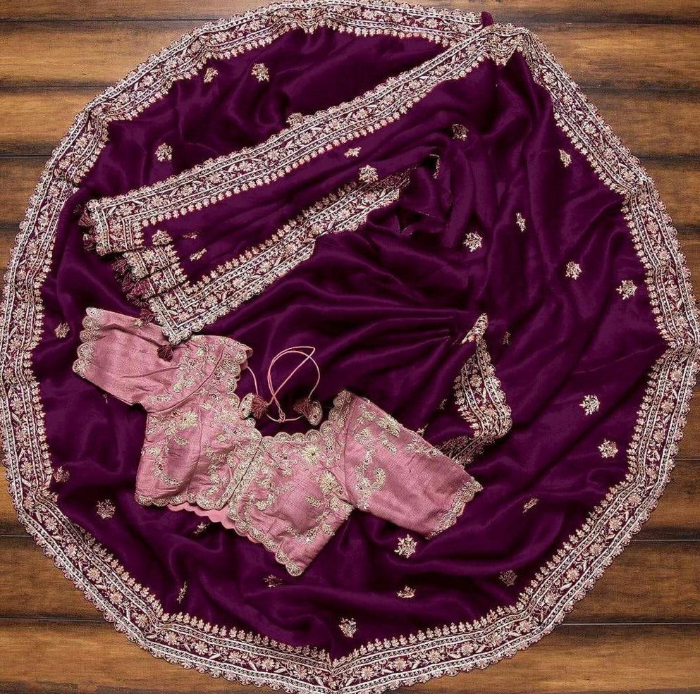 Wine organza cording sequence work designer saree