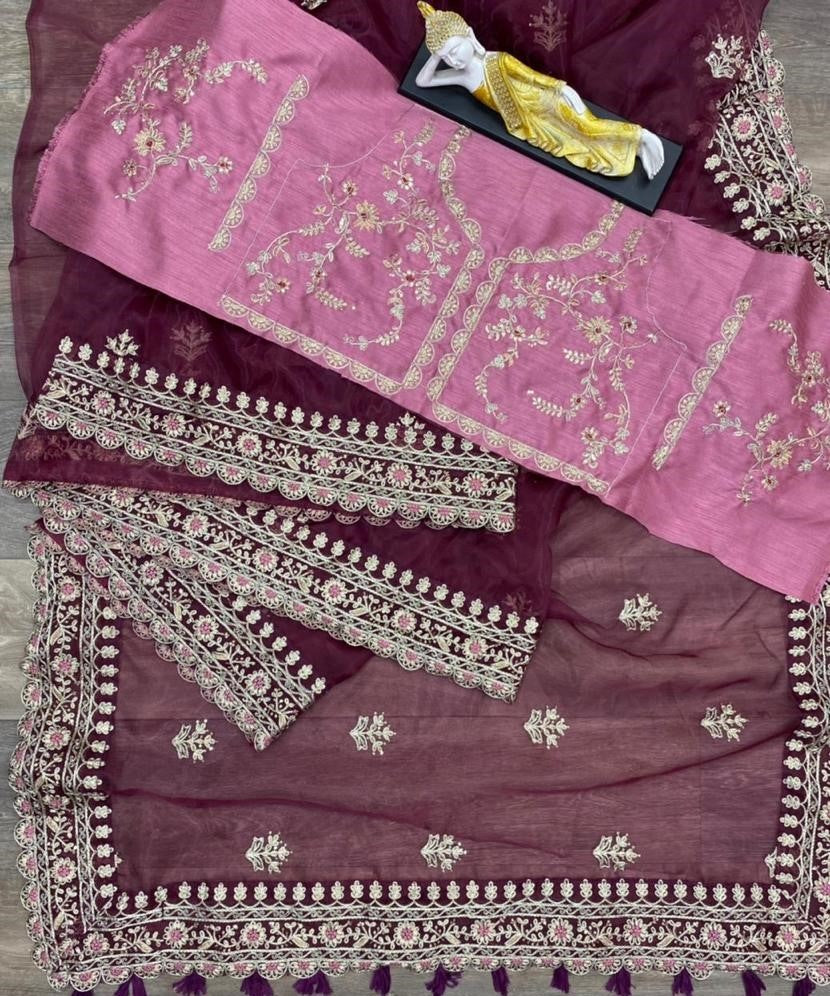 Wine organza cording sequence work designer saree