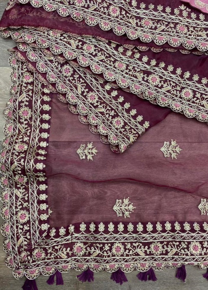 Wine organza cording sequence work designer saree