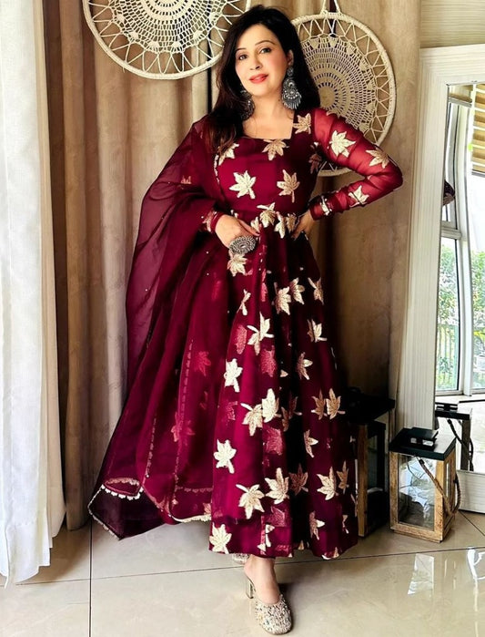 Wine organza thread work anarkali suit