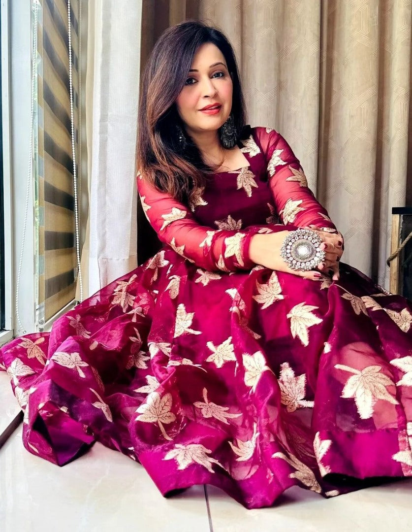 Wine organza thread work anarkali suit