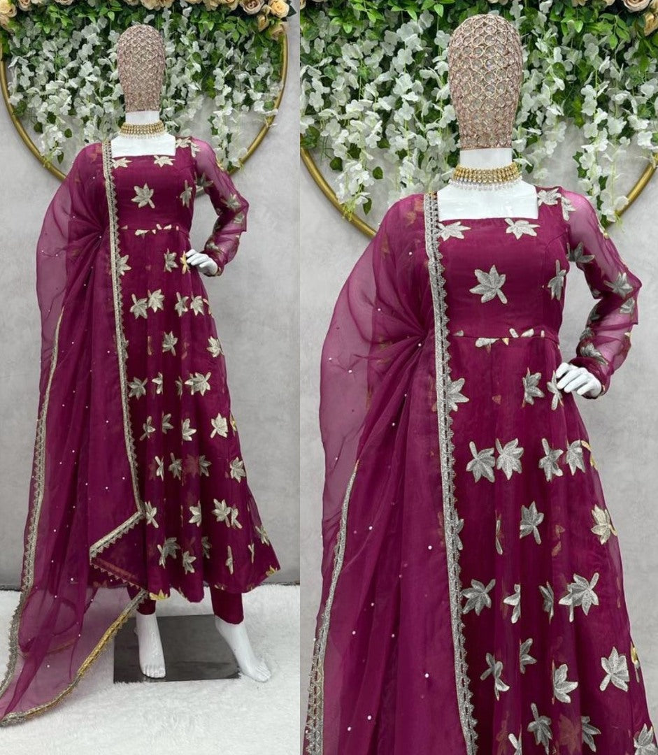 Wine organza thread work anarkali suit