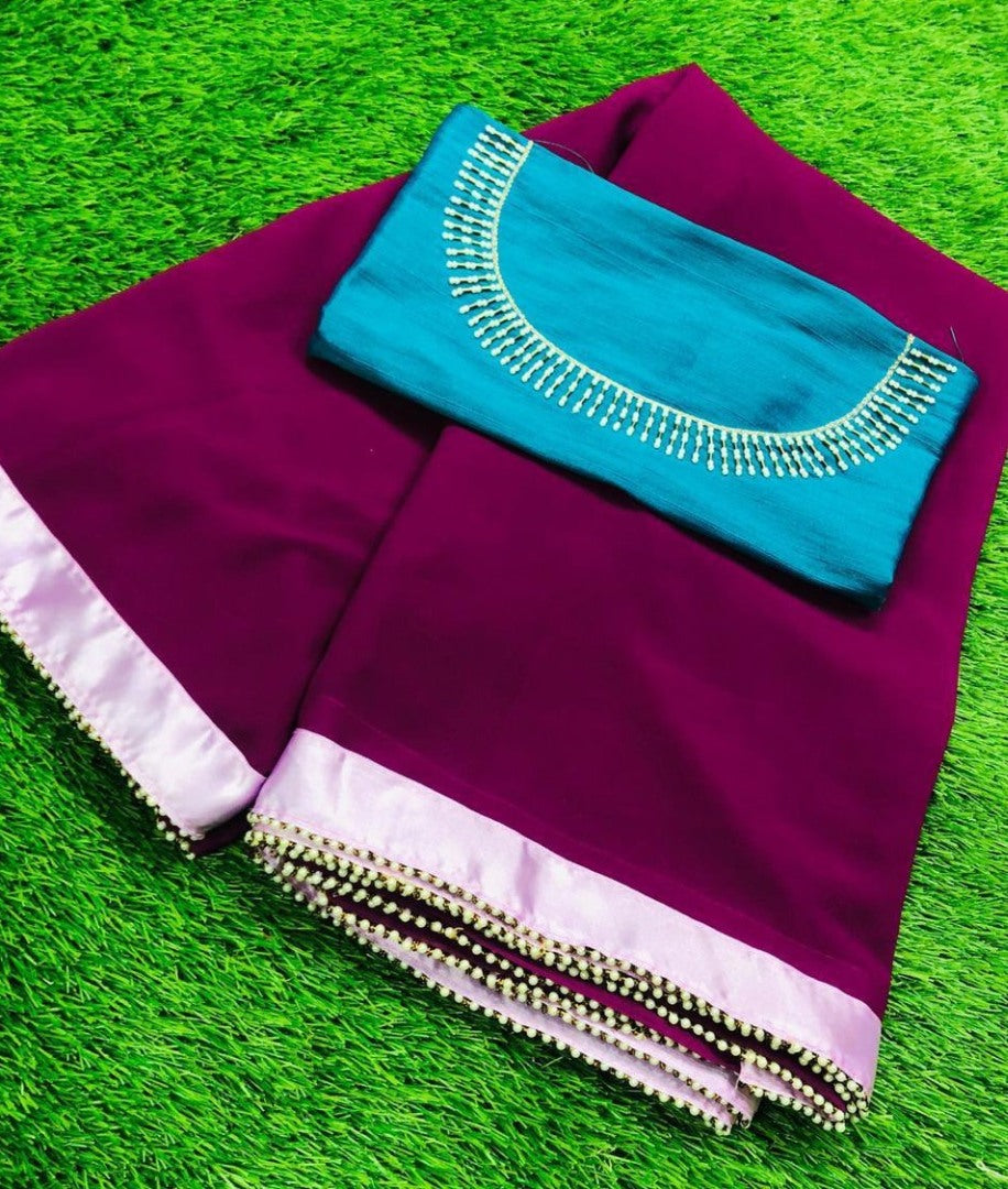 Wine pure georgette plain saree with handwork blouse