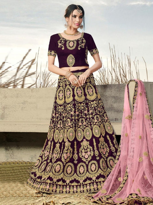 Wine purple velvet heavy embroidered wedding lehenga choli