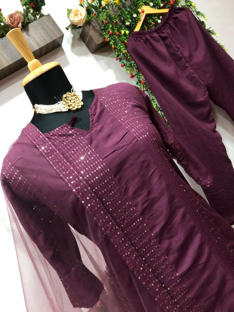 Wine rayon thread and sequence work salwar suit