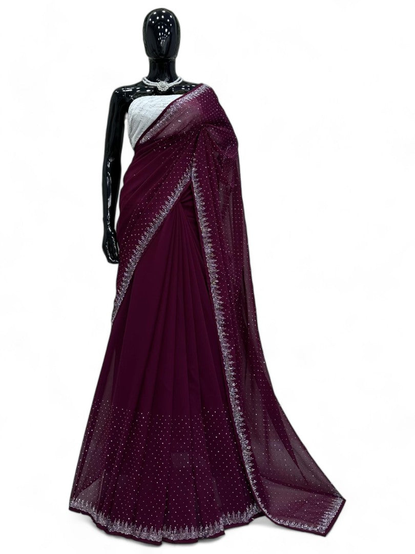 Wine shiny hot fix work party wear saree