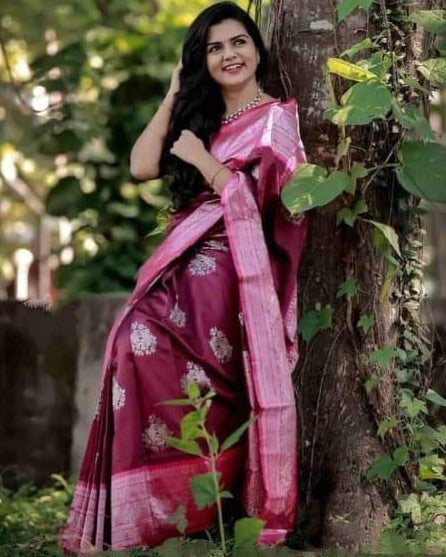 Wine soft lichi silk jacquard weaving border work saree