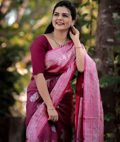 Wine soft lichi silk jacquard weaving border work saree