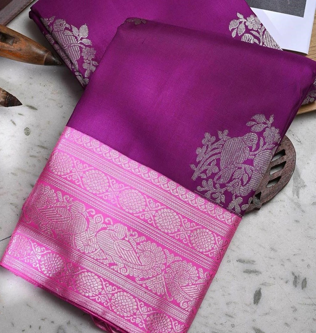 Wine soft lichi silk jacquard weaving border work saree