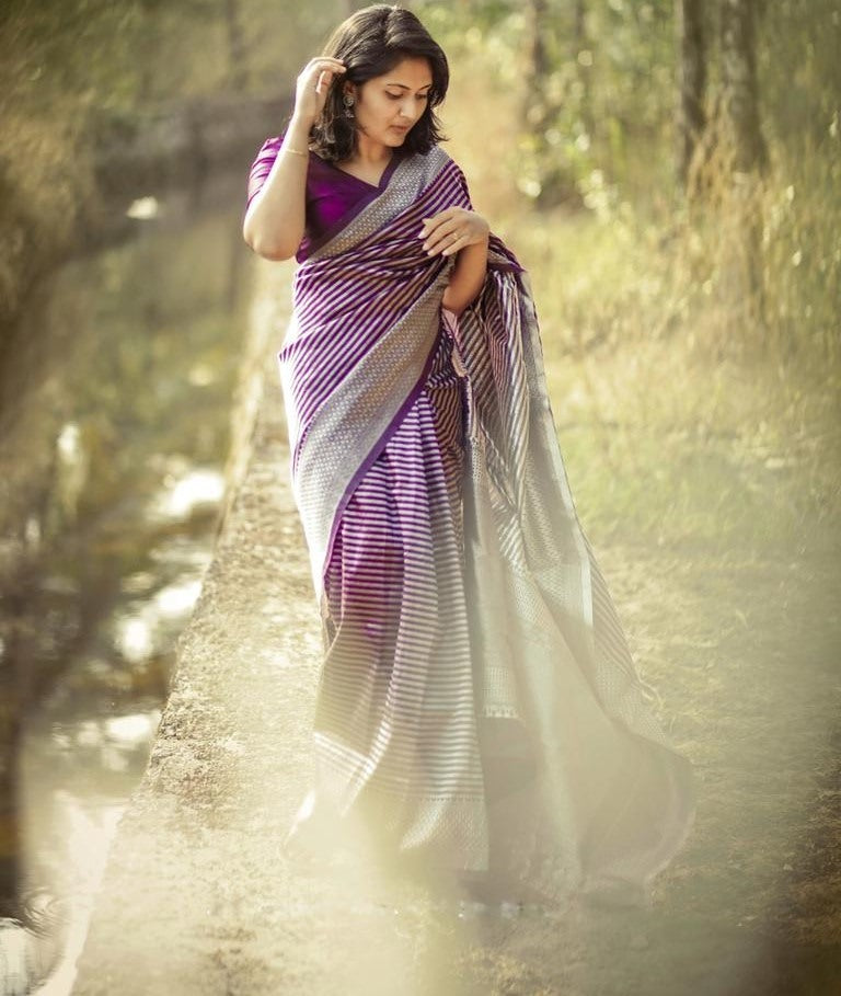 Wine soft lichi silk jacquard weaving work saree