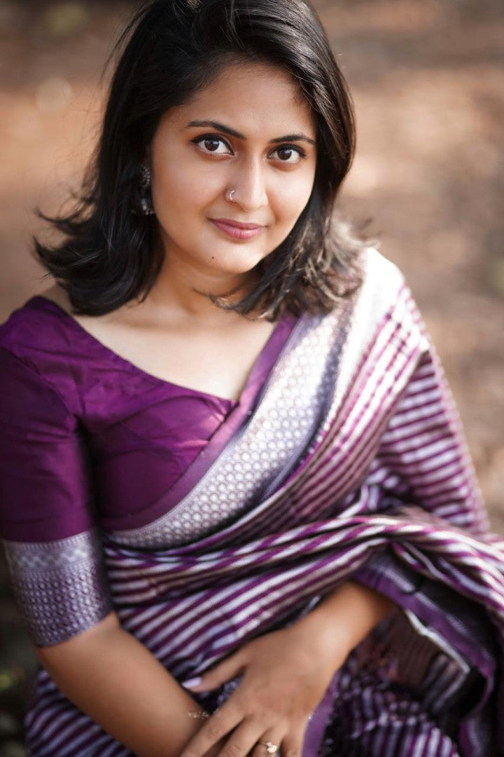 Wine soft lichi silk jacquard weaving work saree