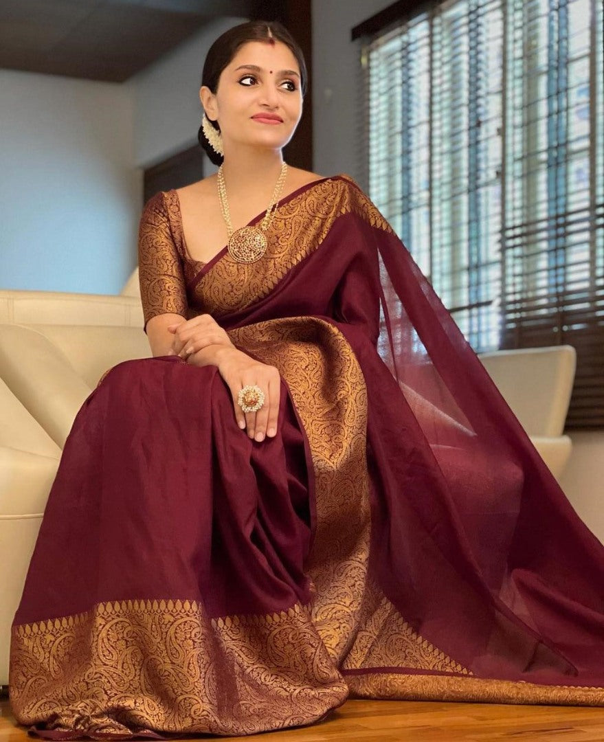 Wine soft lichi silk jacquard weaving work wedding saree