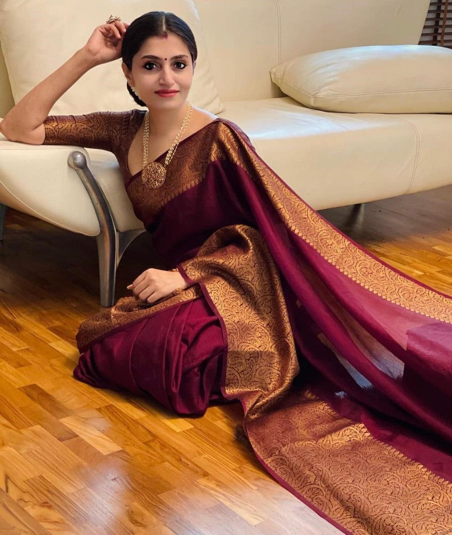 Wine soft lichi silk jacquard weaving work wedding saree