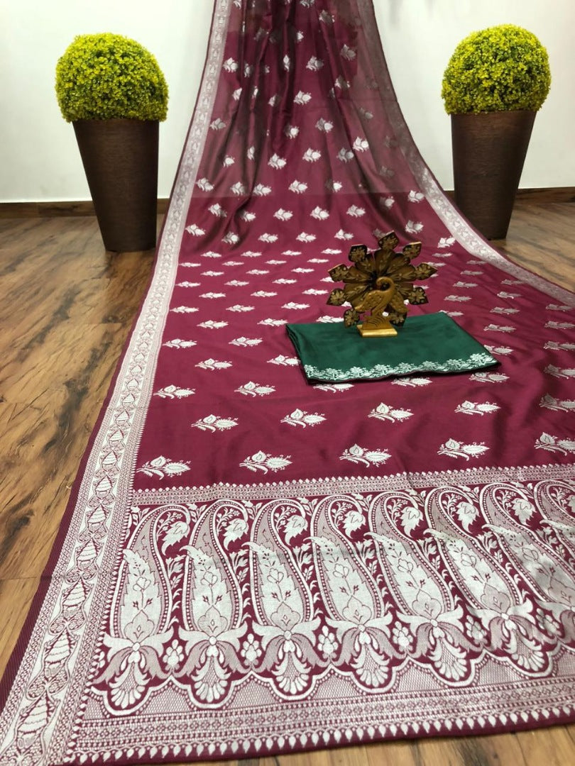 Wine soft lichi silk jacquard work saree