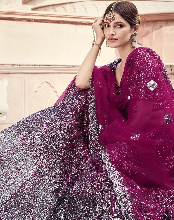 Wine soft net sequence work bridal lehenga choli