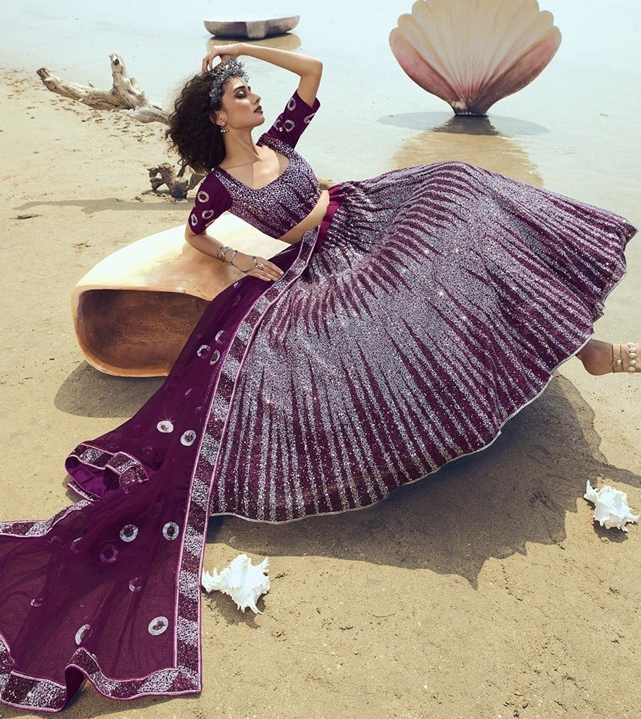 Wine soft net sequence work ceremonial lehenga choli