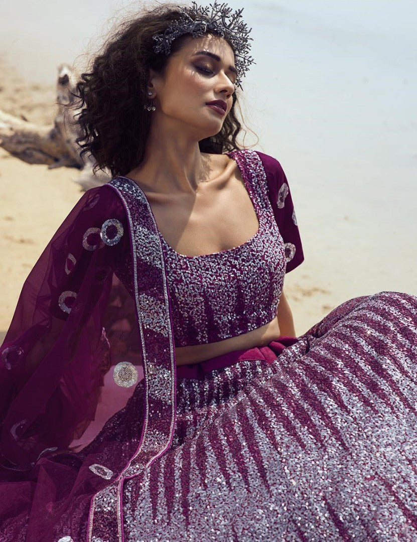 Wine soft net sequence work ceremonial lehenga choli