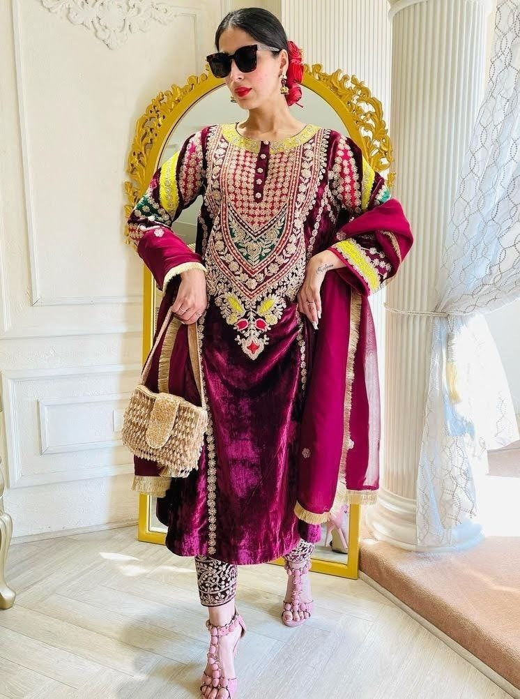 Wine velvet heavy embroidery work salwar suit