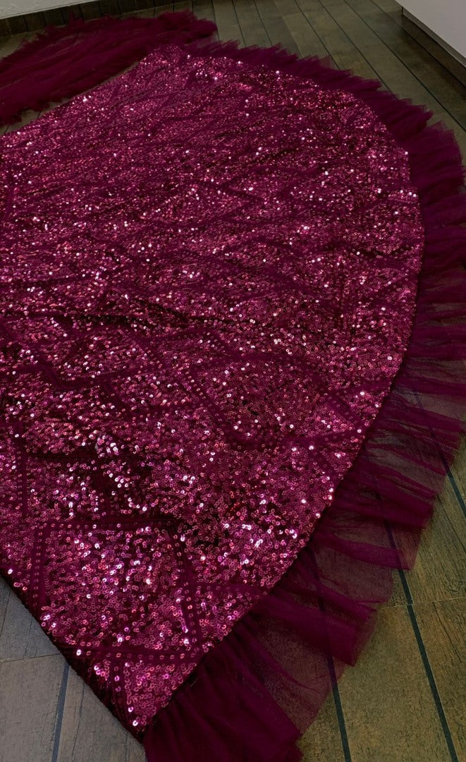 Wine velvet heavy thread and sequence embroidered ruffle border wedding lehenga choli