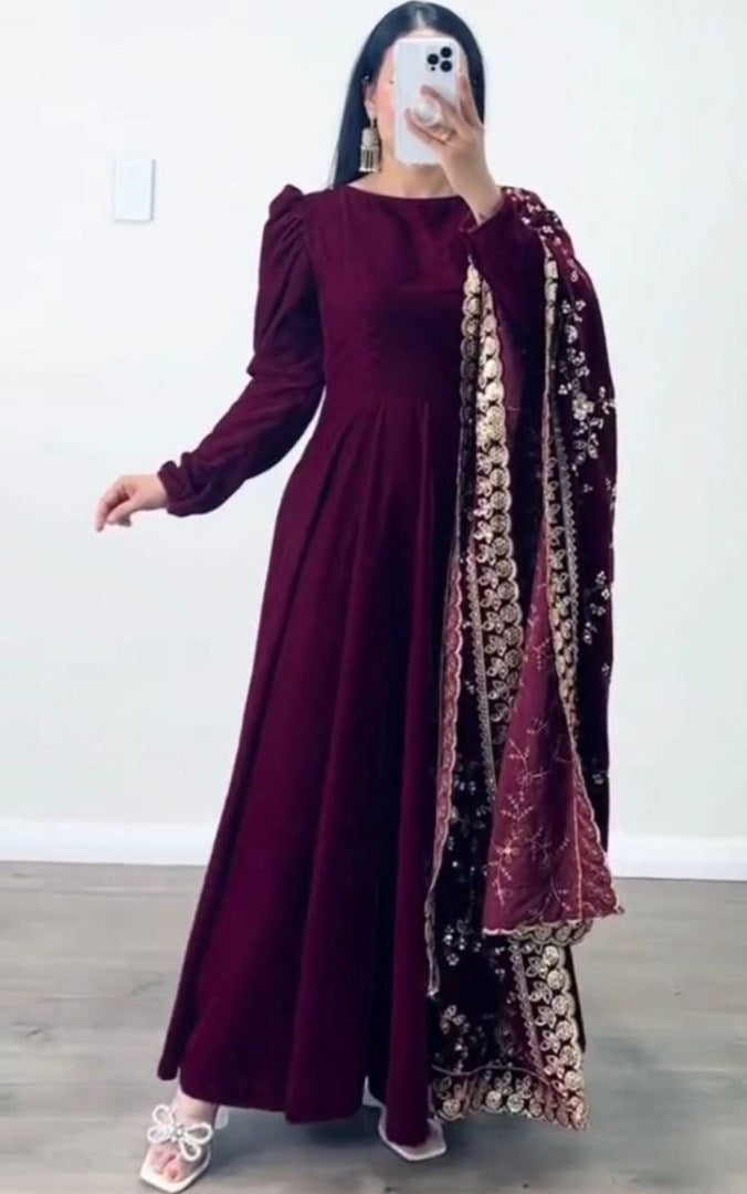 Wine velvet party wear gown with heavy dupatta