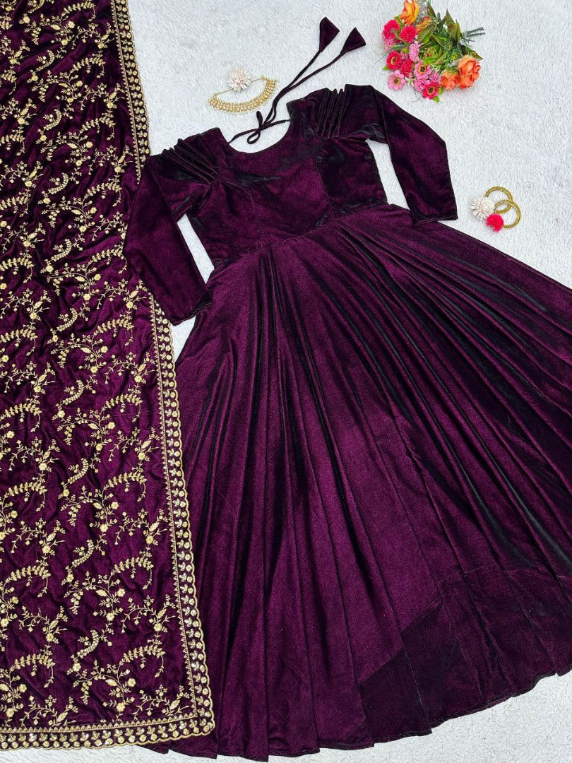 Wine velvet party wear gown with heavy dupatta